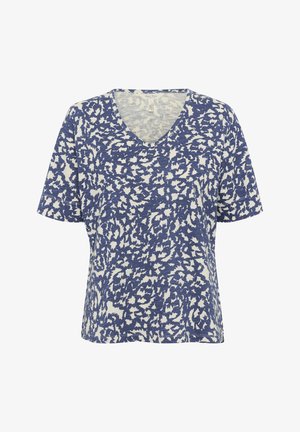 Sinise ja valge V-kaelusega T-särk, millel on tekstuuriga abstraktne muster. Lühikesed varrukad ja lõdva vormiga, valmistatud pehmest puuvillast.