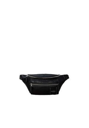Riñonera de cuero negro Calvin Klein con dos compartimentos con cremallera y correa ajustable.
