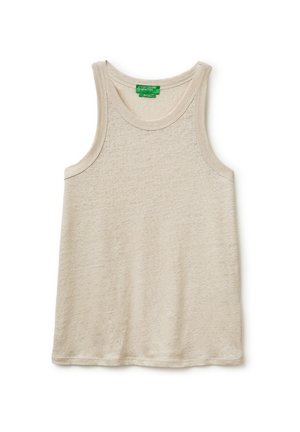 Débardeur beige sans manches avec encolure ronde et étiquette verte United Colors of Benetton à l’intérieur du col.
