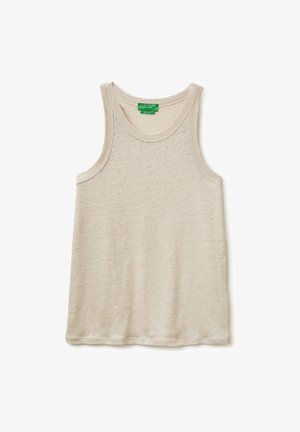 Beige mouwloze tanktop met ronde hals en een groen United Colors of Benetton-label binnen in de kraag.