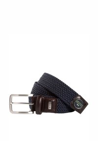 Navy woven belt made of elastic material, featuring a brown leather strap, silver metal buckle, and branded accents on the leather.