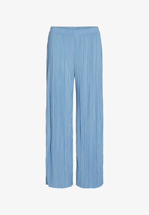 Svetlo modre plisirane široke hlače z elastičnim pasom; tkanina ima mehak teksturo in tekoč dizajn.
