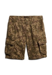 Short cargo camouflage marron et vert avec bouton à l'avant, passants de ceinture, poches latérales et grandes poches à rabat sur les deux jambes.