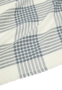 Coperta tessuta con un motivo a quadri in tonalità di bianco e azzurro chiaro, con bordi frangiati e una morbida consistenza.