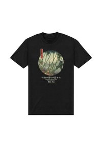 Černé bavlněné tričko s kruhovým akvarelovým designem bambusu a hory Fuji, s japonským textem a texturovaným, měkkým pocitem.