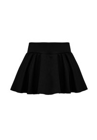 Zwarte uitlopende rok van zacht materiaal, met een brede tailleband en een geplisseerd ontwerp, waardoor een speelse silhouet ontstaat.