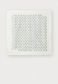 Square silk scarf featuring a white background. Patterned with small green and blue designs, bordered by a light green edge.