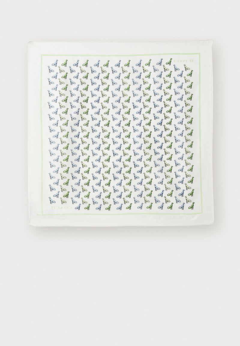 Square silk scarf featuring a white background. Patterned with small green and blue designs, bordered by a light green edge.