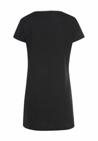 Black T-shirt with short sleeves, round neckline, made from soft fabric. Simple design, straight cut, no visible patterns or accents.