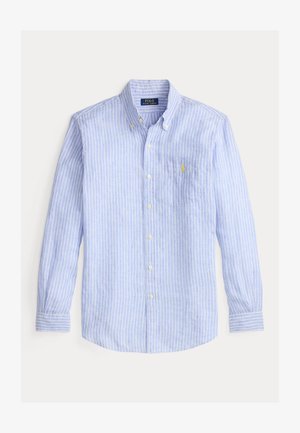 Gaiši zils un balts vertikāli svītrots garām piedurknēm pogājams krekls ar pogājamu apkakli un krūšu kabatu, kurā ir dzeltenais Polo Ralph Lauren logo.