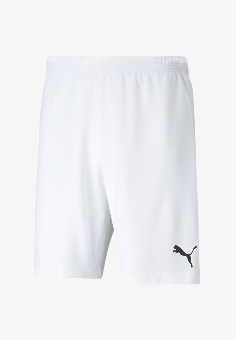 Weiße Sportshorts aus leichtem Stoff, mit einem elastischen Bund und einem schwarzen Puma-Logo auf der linken Seite.