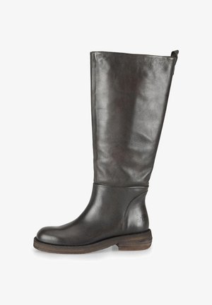 Knee-high ciemnoszare skórzane botki o gładkiej teksturze, zaokrąglonym nosku i niskim, podpartym obcasie. Posiadają minimalne elementy sprzętowe i detale projektowe.