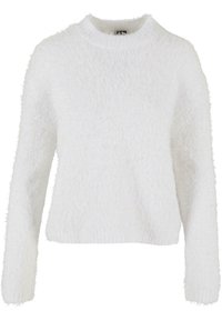 Maglione bianco e soffice realizzato in materiale morbido. Presenta un collo rotondo e maniche lunghe con una vestibilità ampia. Nessun motivo o decorazione.