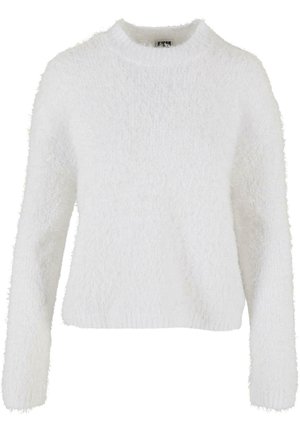 Suéter blanco y esponjoso, hecho de un material suave. Presenta un escote redondo y mangas largas con un ajuste holgado. Sin patrones ni adornos.