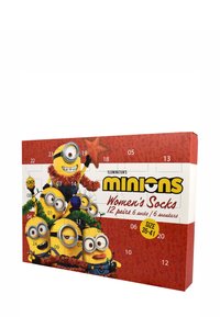 Scatola di cartone rosso con design dei Minions, contenente 12 paia di calze da donna. Include aperture a calendario e testo indicante taglie e quantità.