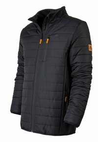 Schwarze Pufferjacke mit gestepptem Muster, Reißverschluss vorne und orangefarbigen Akzenten. Verfügt über einen hohen Kragen und seitliche Taschen für Funktionalität.
