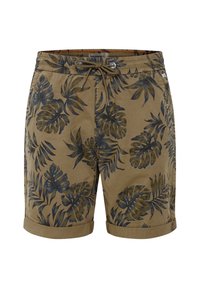 Pantaloni scurți maro cu un model tropical de frunze verzi închise, cu un cordon la talie și mansete rulate, confecționați dintr-un material ușor, potrivit pentru purtarea lejeră.