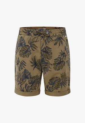 Rjavi šortsi z mornarsko zelenim tropskim listnim vzorcem, z vrvico v pasu in zavihanimi robovi, izdelani iz lahkega materiala primernega za prosti čas.