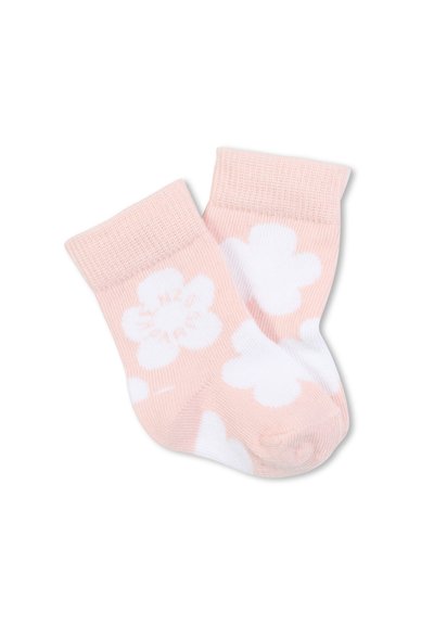 Calzini rosa chiaro con motivi floreali bianchi, polsini a costine e texture morbida. Progettati per comfort e calore.