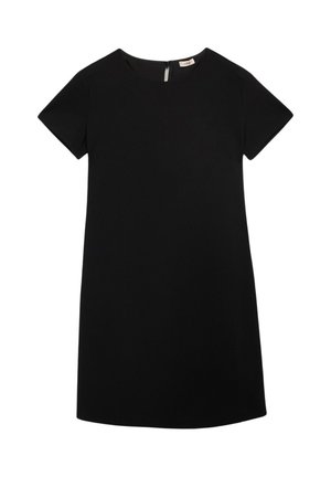 Abito nero a maniche corte con scollatura rotonda, vestibilità dritta e chiusura con zip sul retro. Realizzato in tessuto liscio senza ulteriori motivi o dettagli.