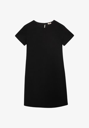 Rochie neagră cu mâneci scurte, guler rotund, croi drept și închidere cu fermoar la spate. Fabricată dintr-un material neted, fără modele sau accente suplimentare.