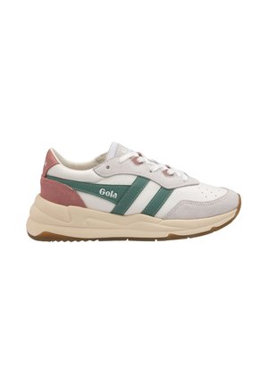 White sneakers with teal and pink accents, made of leather and mesh. Features a lace-up design, perforated toe box, and textured sole.