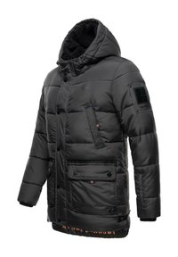 Giacca a vento nera con cappuccio, design trapuntato, multiple tasche e foderatura morbida. Include un accento con marchio sulla manica.
