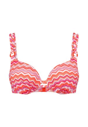 Bra with pink, orange, and white zigzag pattern, padded cups, double shoulder straps, and front clasp closure.