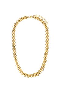Halskette aus Goldmetall mit verbundenen ovalen Formen. Doppellagiges Design mit einem Karabinerverschluss und einer Verlängerungskette für verstellbare Länge.
