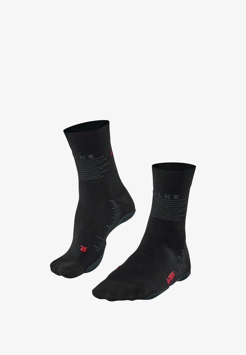 Czarne skarpetki sięgające kostki wykonane z oddychającego materiału. Posiadają szare poziome paski oraz czerwone logo po boku. Teksturowana podeszwa zapewniająca przyczepność.