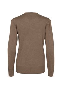 Brauner gestrickter Pullover mit langen Ärmeln, rundem Halsausschnitt, subtiler Textur und geripptem Saum. Mit leichter Gatherung an den Schulternähten.