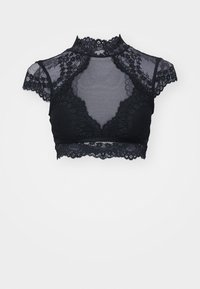 Svart blondet bralette med høy hals, korte ermer og intrikate blomster mønstre. Gjennomsiktig tekstur med en tettsittende underband.