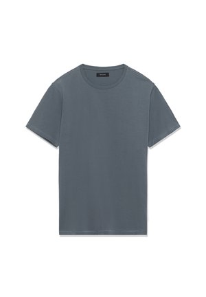 Graues Kurzarm-T-Shirt aus weicher Baumwolle. Mit Rundhalsausschnitt, geradem Schnitt und minimalen Nähedetails. Glatte Textur.