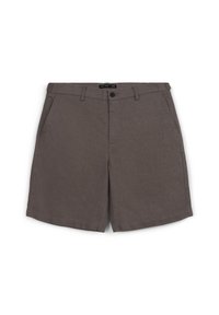 Graue Shorts aus leichtem Stoff, mit zwei Vordertaschen, Knopfverschluss und geradem Beinanschnitt mit sauberen Säumen.