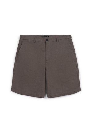 Pantaloni corti grigi realizzati in un tessuto leggero, con due tasche frontali, chiusura con bottone e gambe dritte con orli puliti.