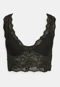 Melnas mežģīņu bralette ar dziļu V veida kakla izgriezumu, viļņotām malām un ziedu rakstu. Mīksts audums ar teksturētu mežģīņu pārklājumu un bez oderes.