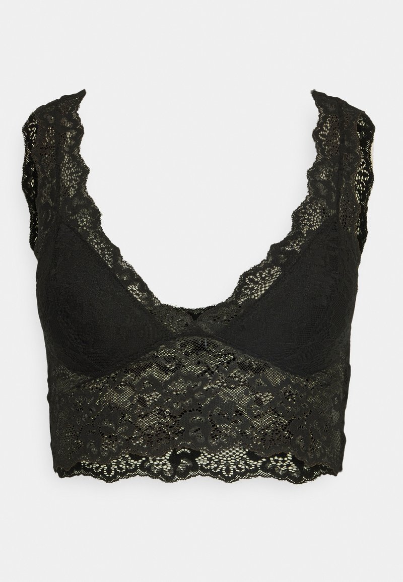 Czarny koronkowy stanik typu bralette z głębokim dekoltem w kształcie litery V, ختمическими krawędziami i kwiatowym wzorem. Miękka tkanina z teksturowaną koronką bez podszewki.