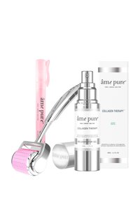 Kollagen-terapi hudpleiesett som inkluderer en sølvrull, rosa gel-penna, frostet sprayflaske og hvit boks med grønne detaljer, alt i minimalistisk design.