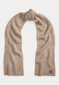 Cachecol bege de malha canelada com um nó retorcido numa das extremidades e um pequeno logótipo bordado no canto. Material macio e texturizado.