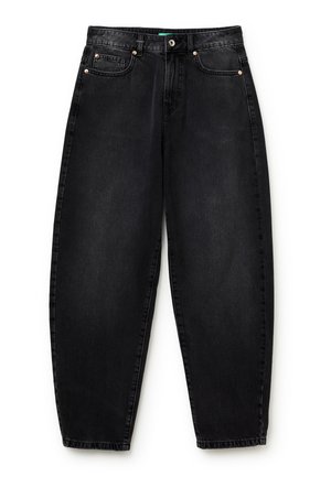 Jean noir taille haute à coupe décontractée avec cinq poches et fermeture par bouton et zip, présenté à plat sur fond blanc.