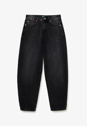 Jean noir taille haute à coupe décontractée avec cinq poches et fermeture par bouton et zip, présenté à plat sur fond blanc.