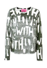 Grüne und weiße Sweatshirt mit einerm boxy Schnitt. Verfügt über ein auffälliges, abstraktes Textdesign, lange Ärmel und einen runden Halsausschnitt. Weicher Strickstoff.