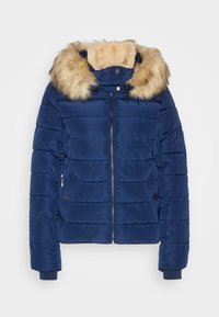 Granatowa kurtka puchowa z kapturem wyłożonym sztucznym futrem, poziome przeszycia, zapięcie na zamek oraz boczne kieszenie. Mankiety ściągane nadają fakturę.