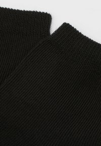 Calze nere lavorate a maglia con texture a coste, dotate di un bordo elastico in cima e un corpo liscio, presentate da un'angolazione ravvicinata.