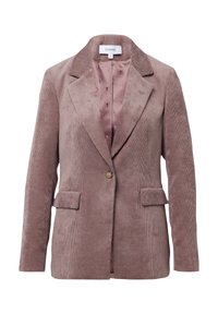 Bruine corduroy blazer met een gesneden revers, twee voorzakken, een enkele knoopsluiting en een satijnen roze voering.