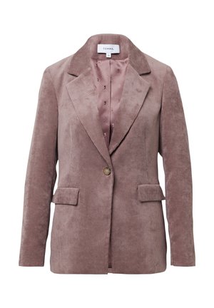 Brown corduroy blazer with a notched lapel, two front pockets, a single button closure, and a satin pink lining.