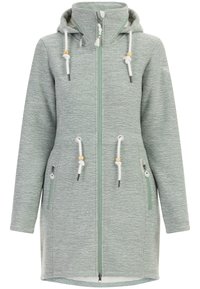 Ljusgrön lång hoodie med en texturerad tyg, framside dragkedja, dubbla sidofickor och justerbara dragsnören med träkulor.