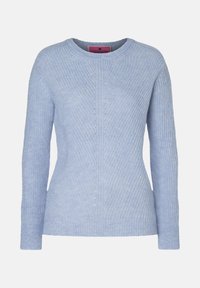 Hellblaues Sweatshirt aus Rippstoff mit rundem Halsausschnitt, langen Ärmeln und diagonalen Strickmustern auf der Vorderseite.