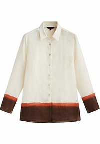 White long-sleeve shirt made of linen, featuring a gradient design with orange and dark brown at the hem, and silver buttons along the front.