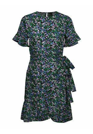 Robe courte à fleurs avec de petites fleurs vertes, violettes et bleues, manches courtes flottantes, encolure ronde et détail d'attache latérale.